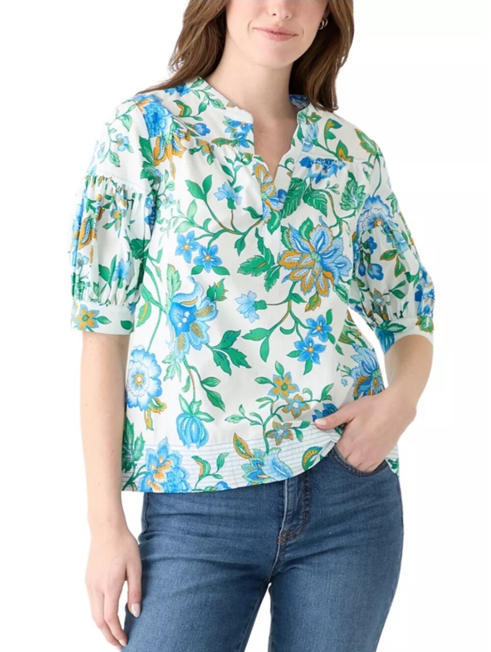 NWT Philosophy White Cotton Floral Puff Sleeve Blouse Green Blue White